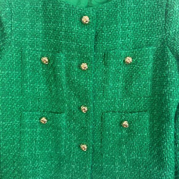 Rachel Zoe Green Tweed Blazer Golden Button Size L Preppy Chanel - Picture 2 of 7